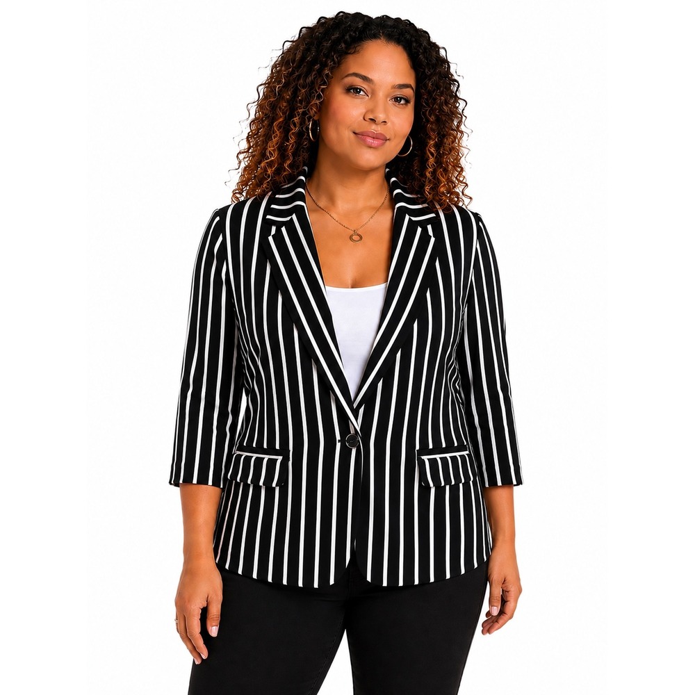 New York Clothing Company Black White Striped Blazer 1X 3/4 Sleeve Jacket